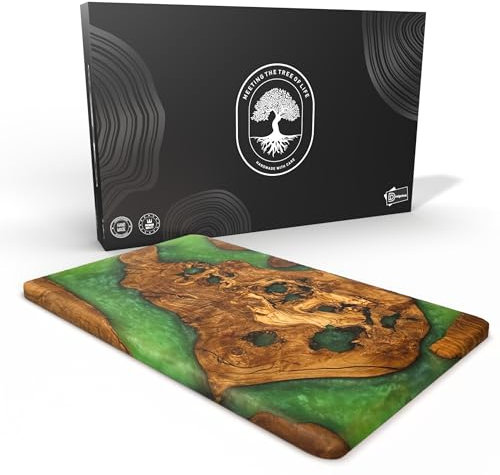 DESIGNIUM Handgefertigtes Olivenholz-Käsebrett mit Harz, Wurstbretter & Serviertablett, Holz-Epoxid-Servierbrett, Hack- und Schneidebrett für Fleisch, Gemüse & Obst, Premium-Geschenk für Küche