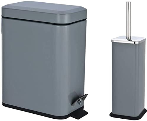 FINE STAR 5L Slim Pedal Bin Square Toilet Brush Holder Bathroom Set Rectangular Removable Bucket Trash Recycling Bin (Grey 5 L Bin + Brush Holder)