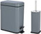 FINE STAR 5L Slim Pedal Bin Square Toilet Brush Holder Bathroom Set Rectangular Removable Bucket Trash Recycling Bin (Grey 5 L Bin + Brush Holder)