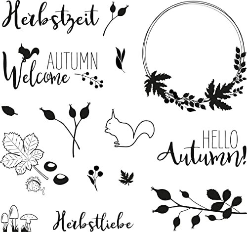 Rayher Clear Stamps Herbstwald, Bogengröße 102,5 x 97 mm, 4 Texte und 10 Motive, klar, transparente Stempel, durchsichtig, Silikonstempel Herbst, 50265000