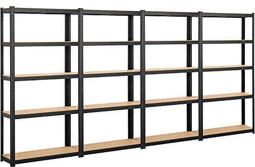 Yaheetech 4 x Étagère de Rangement 180 x 90 x 30 cm Étagère Garage à 5 Niveaux avec Cadre en Métal Tablette en Bois MDF Réglable en Hauteur Domicile Magasin Bureau Entrepôt Noir