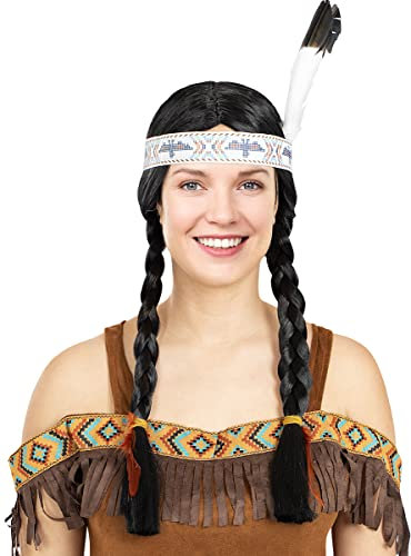 Funidelia | Indianerin Perücke mit geflochtenen Zöpfen für Damen Indianer, Cowboys, Western - Zubehör für Erwachsene, Zubehör für Kostüm - Schwarz