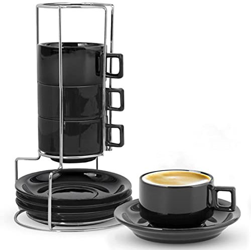 MARTINO CLUB Porcelain Coffee Cups with Saucers Set - Stackable Coffee Mugs with Rack - Black Coffee Cups Set with Metal Stand - Espresso Cups Set of 4-3.3 oz -Mug Set for espresso
