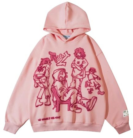 Aelfric Eden Hoodie Oversize Damen Kapuzenpullover Baumwoll Pullover Winter Cartoon Line Character Print Sweatshirt Baggy Mit Kapuze Sport Gym Athletic Streetwear Rosa XL