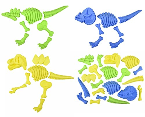 Zugar Land Dinosaur Fossil Sand Mold Beach Set (3 Dinosaurs Yellow, Green and Blue) Plastic. 22 Pcs. Young Paelontologist Kit. in Mesh Bag.