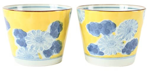 Mino ware STY005 Sobachoko Teetasse aus japanischer Keramik, hergestellt in Japan (Import aus Japan), blaue Blumen in Gelb, 2 Stück