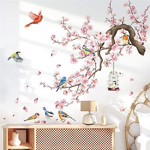 wondever Stickers Muraux Fleurs de Cerisier Rose Autocollants Muraux Mural Stickers Branche Fleurs Arbre Oiseaux pour Chambre Salon Mur TV