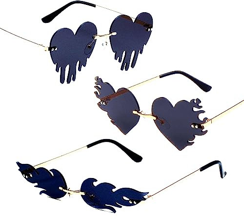 LaVenty Schwarz Flammen Sonnenbrille Feuer Sonnenbrille Sunglasses Herzförmig Brille Flame Heart Sonnenbrille Flammen Steampunk Brille für Party Dekoration