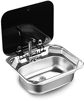 ANSNOW Évier de Camping-Car, Robinet D'Évier de Cuisine Avec Couvercle Rabattable, Évier de Lavabo En Acier Inoxydable Pour Caravane Ou Bateau, Couvercle En Verre Trempé, Évier de Lavabo, Évier de Bar