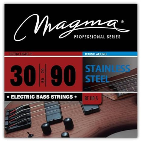 Magma - 1 Juego de Cuerdas para Bajo Eléctrico de Acero Inoxidable – Tensión Ultra Liviano +, Escala 34 pulgadas - Set de 4 cuerdas (.030 - .050 - .070 - .090) – BE110S