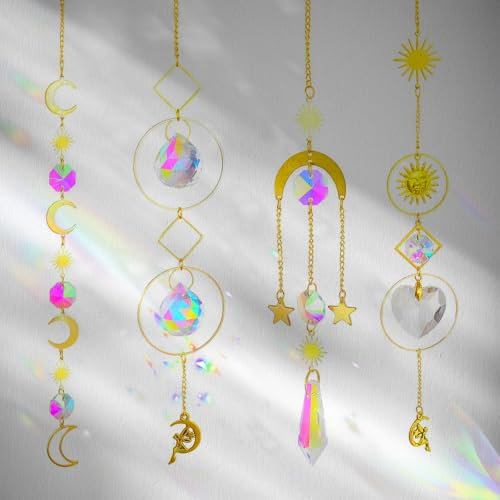 Sonnenfänger Kristall 4 Stück Suncatcher Sonnenfänger Fenster Windspiel Garten Mond Stern Regenbogen Hanging Kristall für Haus Garten Weihnachten Tag Party Hochzeit Dekoration