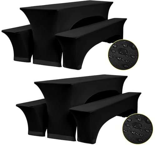 Zwei 3er-Set Elastische Biertischhussen,Schwarz Elastische Bierbankhusse und Tischdecken,50 cm Tischbreite,Wasserdicht Bierzeltgarnituren 220 x 50 x 70 cm, für Bankett Gartenmöbel Abdeckungen.
