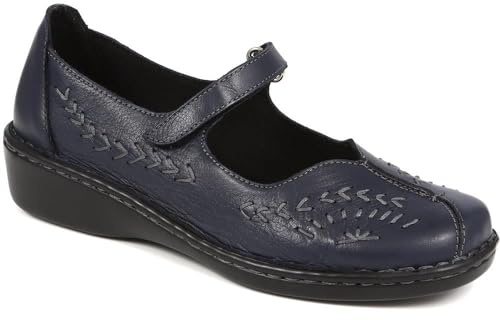 Pavers Women's Touch Fasten Mary Janes in Navy - Shoes with Cut Out Detail and Wider D/E Fit - Elegant Ladies Casual Footwear - Size UK 6 / EU 39