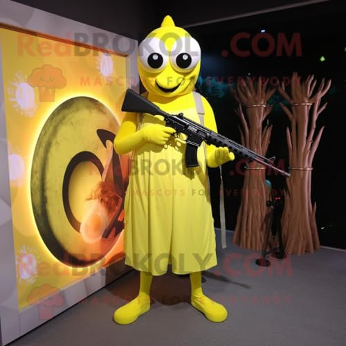 REDBROKOLY Giallo limone Sniper mascotte personaggio costume vestito con un abito da sera e fasce