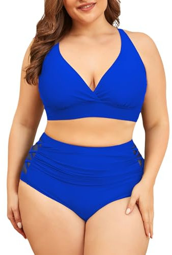PONCEAU Bikini Damen Set Große Größe V Ausschnitt High Waist Bauchweg Knoten Zweiteiliger Bikini Plus Size Curvy Bademode Swimsuit Push Up Badeanzug
