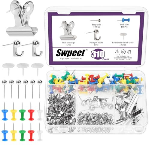 Swpeet 310Pcs Silver Push Pins Set, Including Thumb Tacks, Push Pin Hooks, Pushpin Clips, Decorative Push Pins and Map Tacks, 5 Style Silver Office Accessories Ideal for Map Office