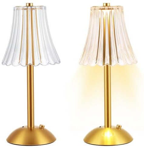 Liliful 2 Pcs LED Portable Cordless Table Lamp Touch Battery Operated Rechargeable Gold Desk Lamp 3 Color Dimmable for Bedroom Living Room Dining (Rose Style,Gold)