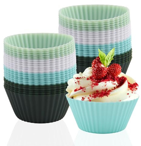 Xmart 48 Pièces Moules à Muffin en Silicone Anti Adhéaif Moule Muffins Réutilisables Sans BPA Caissettes de Pâtisserie Rond Cupcake Tasses de Cuisson pour Gâteaux Crème et Pudding (Morandi 4 Couleurs)