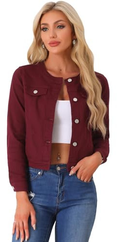 Allegra K Women's Denim Jacket Button Down Collarless Long Sleeve Jean Jackets Dark Red XL