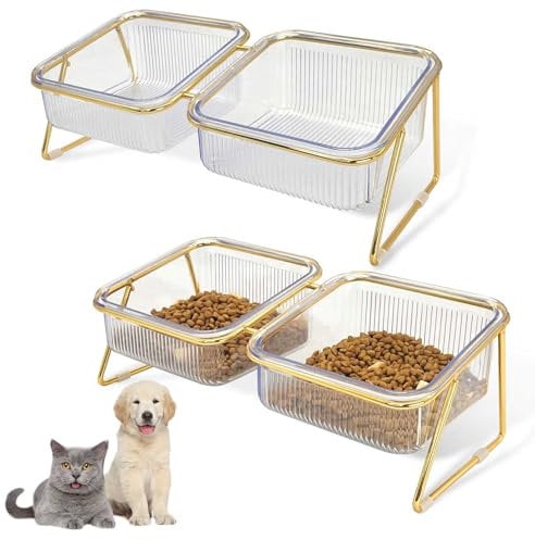 Apatal 2PCS Elevated Double Cat Bowls,5.7 Pets Water and Food Bowl 15°Tilted Transparent Raised Kitten Food Feeding Dishes with Iron Stand Anti Slip Kitty Dishs Rose Gold Bowl Set for Kittiens