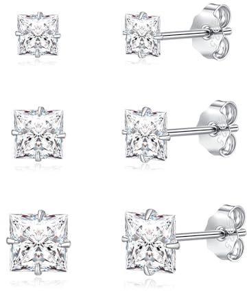 Cangall Ohrstecker Silber 925, 925 Sterling Silber Quadratische Zirkonia Ohrstecker, 4/5 / 6mm Hypoallergen Ohrringe Silber 925, Knorpel Schlafen Silber Ohrringe Stecker für Mehrere Ohrlöcher