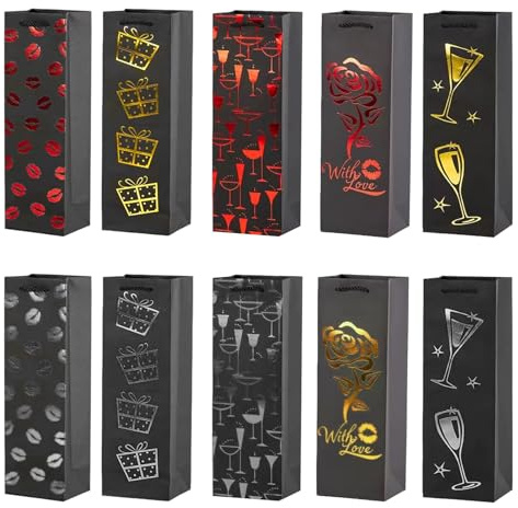 10 PCS Sacs-Cadeaux de Vin Noir, Sacs en Papier de Bouteilles de Vin, Sacs d'emballage de Vin Bouteille Simple, Pochettes à Cadeaux pour Bouteille de Vin/Champagne/Whisky avec Poignée, 5 Motifs