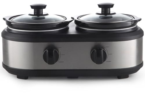 Double Slow Cooker, Tempered Glass Lid and Lid Holder, Party Buffet Server, 3 Adjustable Temperatures