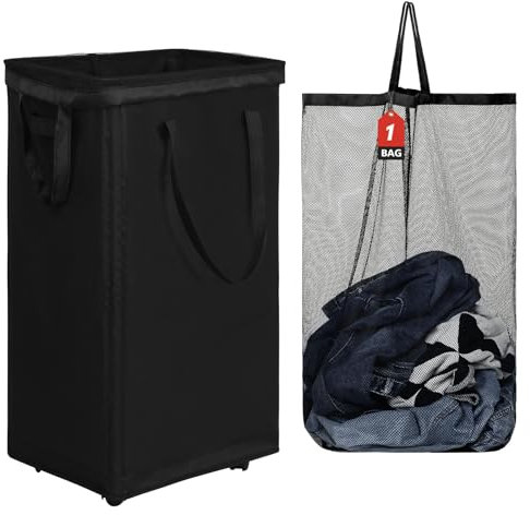 DOKEHOM 90L X-Large Laundry Basket with Removable Wash Bag on Wheels, Collapsible Rolling Laundry Hamper, Foldable Clothes Organizer, Folding Washing Bin (Black)