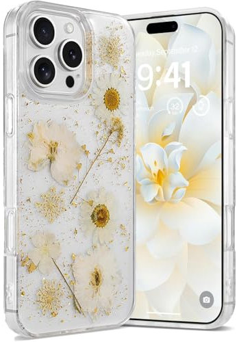 Riccase for iPhone 14 Pro Case Clear with Real Dried Flower Patterns, Shockproof Transparent Soft TPU Protective Bumper Slim Glitter Cute Floral for iPhone 14 Pro Phone Case,Daisy