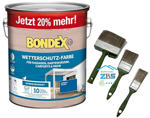 zbs24 Bondex Wetterschutzfarbe für Außen, atmungsaktiv, bis zu 10 Jahre Wetterschutz, extreme Deckkraft, einfache Verarbeitung, für Holz, inkl. 3-teiliges Pinselset (azurblau RAL5009, 3 Liters)