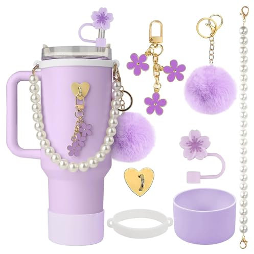 TTPSRY 7 Pièces Ensemble Chaîne Perle Tasse Accessoires Marguerite Décoratifs Portegobelet Paille Réutilisable Pompon Porteclés