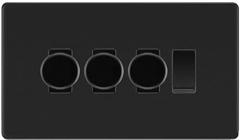 BG Screwless Flatplate Matt Black 4 Gang Grid Switch 3x Trailing Edge LED Dimmer 1x 2 Way