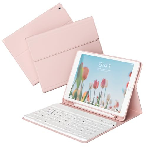 KVTVOU Keyboard Case for iPad 9th/8th/7th Generation 10.2 Inch 2021/2020/2019 with Pencil Holder, Detachable Wireless Bluetooth Keyboard, Soft TPU Back, Stand Folio Cover, Pink