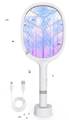 BeauFIvv Elektrische Fliegenklatsche: 4800V Fliegenklatsche Elektrisch mit UV-Falle, 2 in 1 USB mit Akku Aufladbar Elektro Mückenklatsche, Geeignet für Stechmücken, Fliegen und Motten