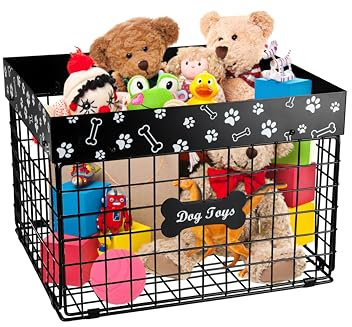 APITOS Indestructible Dog Toy Basket-Large Capacity Dog Toy Box-Metal Pet Toys Organiser-Dogs Food Storage Container for Living Room Area-with Pen ,Perfect for Dogs Storage, Blankets, Clothes and Food