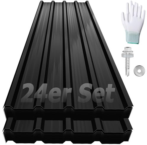YRHome 24er Dachbleche Trapezblech 129,5x45cm Stahlblech Formblech Platten Dachplatten Wetterfest Wellblechplatten Verzinkter Stahl für Garagen Dach inkl. Schrauben und Handschuhe - Typ A Schwarz
