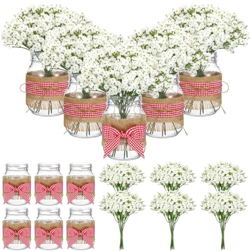 Daifunli 46 Stück rote Gingham-Picknick-Party-Mittelstücke für Tisch, Grill-Thema, Tafelaufsätze mit Gingham-Band, Einmachgläsern, Babyatem für Picknick, Geburtstag, Party, Grillparty, Zubehör