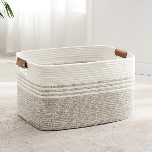 Großer Wäschekorb, Aufbewahrungskorb Baumwollkorb Geflochten mit Lederhenkel für Kleidung, Spielzeug, Kissen, Decke, Korb für Wohnzimmer, Kinderzimmer, Schlafzimmer, 55 x 43 x 30 cm, Beige Braun