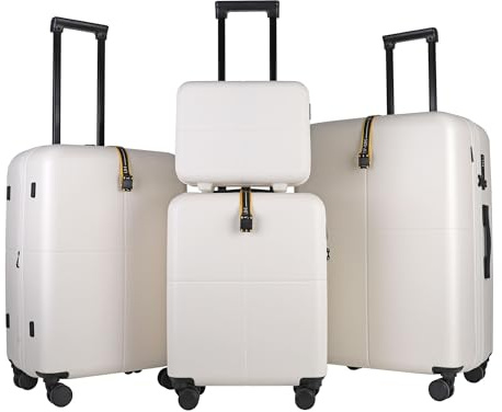 JLY 4 Piece Luggage Set, Vanity, Cabin, Medium and Large, Alabaster White | 100% Covestro polycarbonate, TSA locks, spinner wheels, waterproof pockets, medium and large expandable 17%