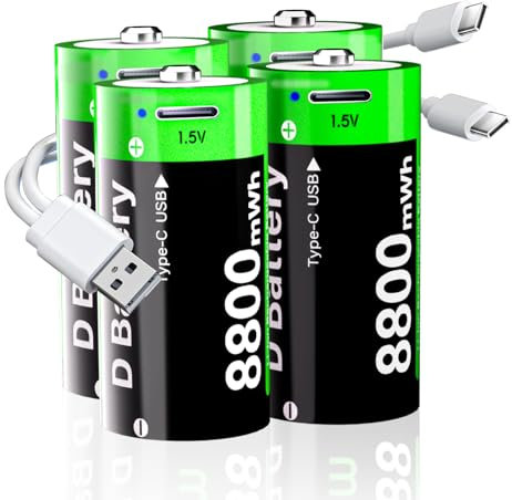Wiederaufladbare D Akku, 8800mWh hohe Kapazität Lithium D Zellen Batterien mit 2 in 1 USB-C-Ladekabel, LR20 1,5V D Größe Zelle Batterie-Ersatz für Taschenlampe, Kamera, Flutlicht Spielzeug (4 Stück)