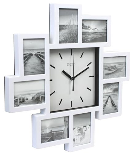 Miraval Design Funk-Bilderrahmenuhr Wanduhr mit 8 Bilderrahmen zum Individualisieren 350 mm lautlos kein Ticken Japanisches Quarzuhrwerk (Schwarz)
