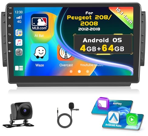 Inefala 4G+64G Autoradio Android 15 per Peugeot 208/2008 2012-2018, 10.1 Touchscreen Stereo Auto Bluetooth con Wireless CarPlay Android Auto GPS WiFi RDS/FM MIC Retrocamera