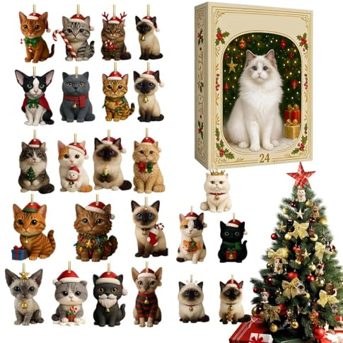 Gatti Calendario D'avvento 2025, Bambini Calendario Del Conto Alla Rovescia Di Natale Con Ciondoli Acrilici 2D A Forma Di Gatto, Decorazioni L'albero Natale Per Gli Amanti Dei Gatti E I