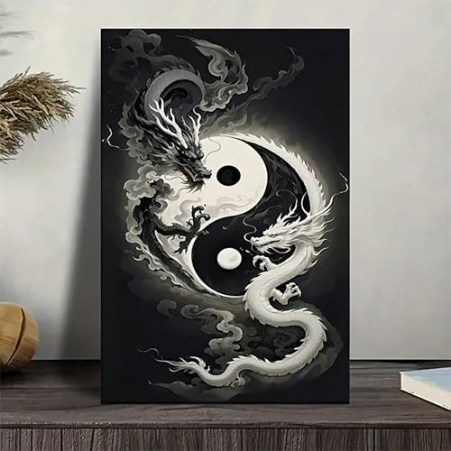 XBTYKPB Yin-Yang-Drachen im Taiji-Gemälde auf Leinwand – Schwarz-weißes Drachendesign, Wanddekoration, für Wohnzimmer, klassisches Kunstwerk (40 x 60 cm/rahmenlos)