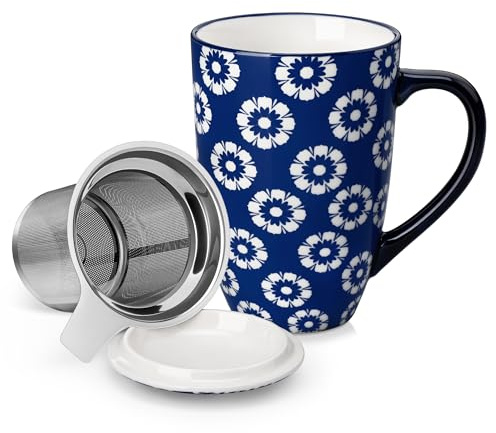 vancasso Selene 540 ml Ceramic Tea Mug with Removable Infuser and Lid | Vintage Blue-and-White Loose Leaf Cup, Microwave & Dishwasher Safe, Perfect for Tea, Coffee, Daisy Cluster