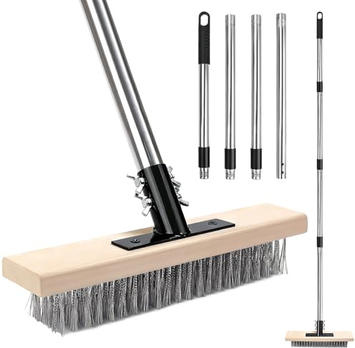 COEWUR Heavy Duty Stainless Steel Wire Broom with 63 Extra Long Handle, Stiff Metal Bristle Scrub Brush for Moss Removal, garden broom for Patio, Deck, Roof, Garage, Driveway, Garden Outdoor Cleaning