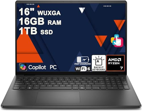 Dell 16 Laptop 16 Zoll WUXGA Touchscreen AMD 8-core Ryzen 7 250 16GB RAM 1TB SSD Backlit ExpressCharge Wi-Fi6 für Creator Designer Business Professional Work Win11
