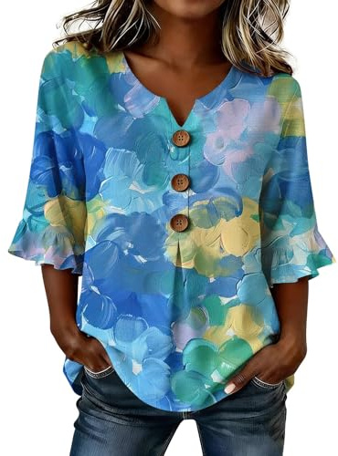 Chemisier Manche Courte Femme Chic Chemise Femme Manche 3/4 Col en V Blouse Chic et Élégant Volants Chemises Lin Ete Hawaïenne Haut Coton Imprimé Plissée Shirt avec Boucle Tee Shirt col v