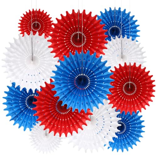 BestoFun 12 Stück Papierfächer Rosetten Deko Rot Blau Weiß Amerikanische Party Dekoration für 4th of July USA Geburtstag Sommerparty
