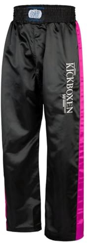 BAY Edel Stick Kickboxhose Schwarz/Pink für Kinder und Erwachsene 4XS - L | Lange Kampfsporthose, gestickter Schriftzug am Hosenbein, elastischer Gummizugbund mit Tunnelzug für sicheren Halt